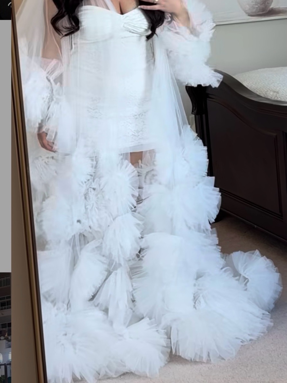 White Sheer Tulle Robe with Ruffled Pom-Pom Trim